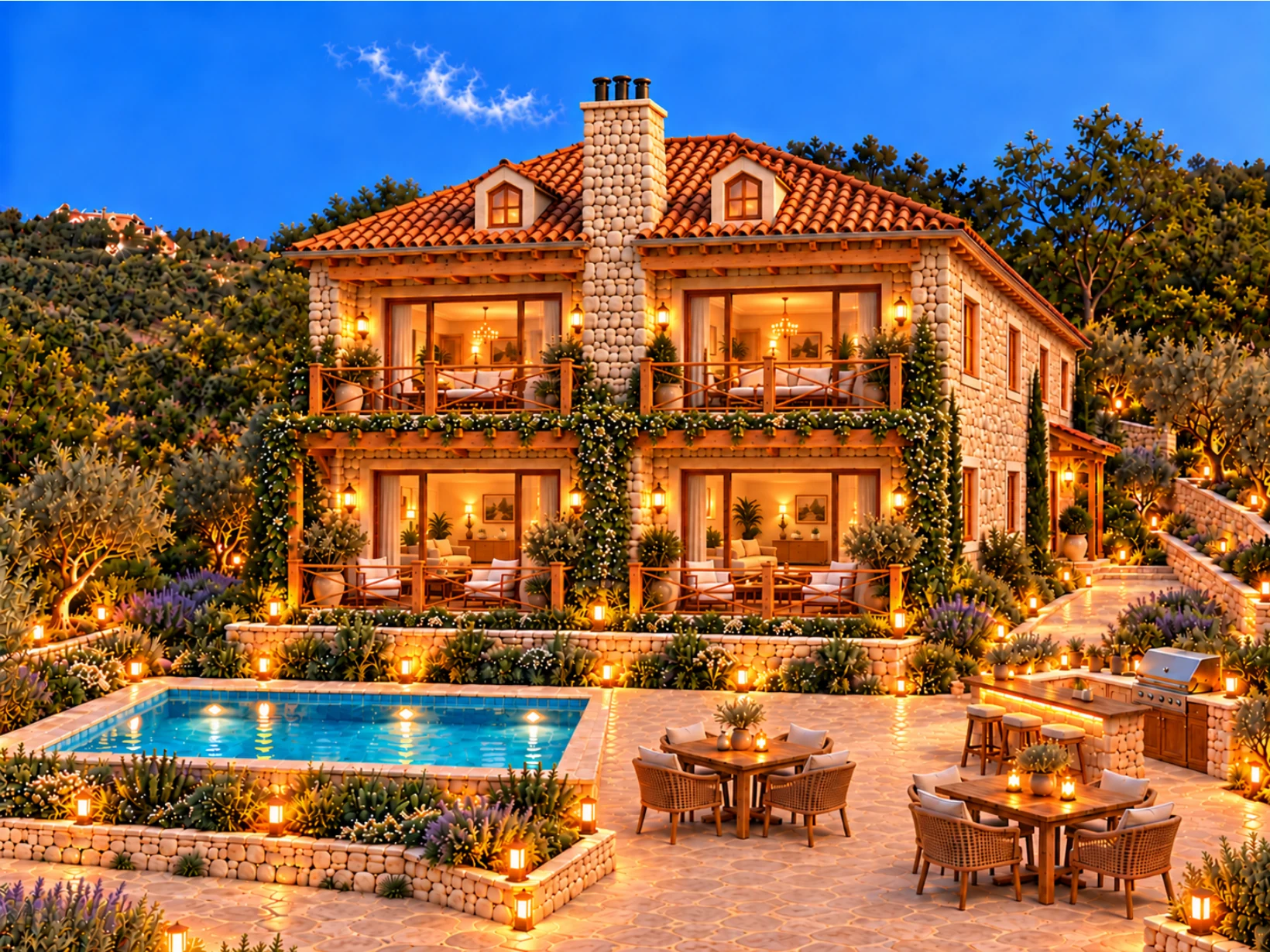 Olea Resort stone-and-timber mountain residences, architectural visualization